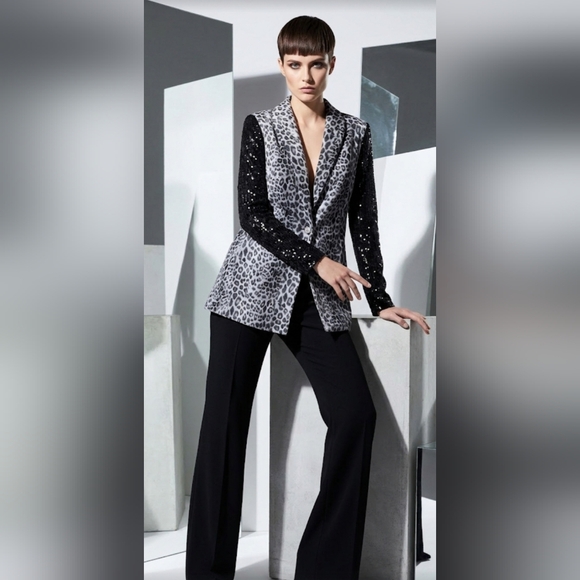Leopard Print Gray Blazer with Sequined Black Sleeves - Picture 11 of 11